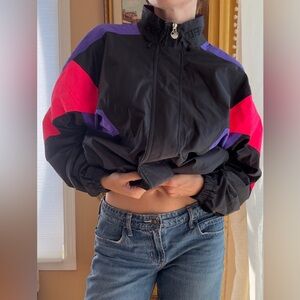 Vintage 90s Y2K Colorblock Windbreaker Jacket Black Purple Retro Zip Up Unisex